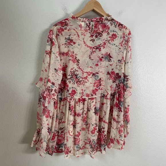 Sundance Womens Large Sheer Floral Peplum Top Ruffle Detail Long Sleeve Blouse - Picture 11 of 12